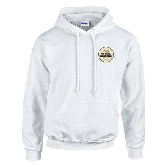 The Word Became Flesh Christian Streetwear Hoodie (Gildan 18500) in White Colour. John 1:14 scripture apparel UK.