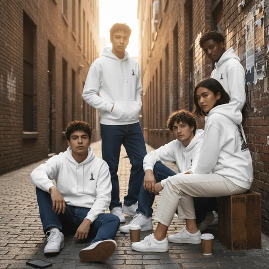 Iconic Street Vibe: White Hoodie with Signature Lighthouse Logo | Gildan® 18500 White JazzyCrafting