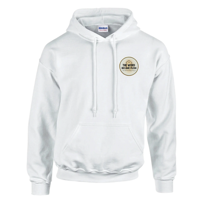 The Word Became Flesh Christian Streetwear Hoodie (Gildan 18500) in White Colour. John 1:14 scripture apparel UK.