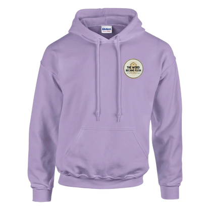 The Word Became Flesh Christian Streetwear Hoodie (Gildan 18500) in Orchid Colour. John 1:14 scripture apparel UK.