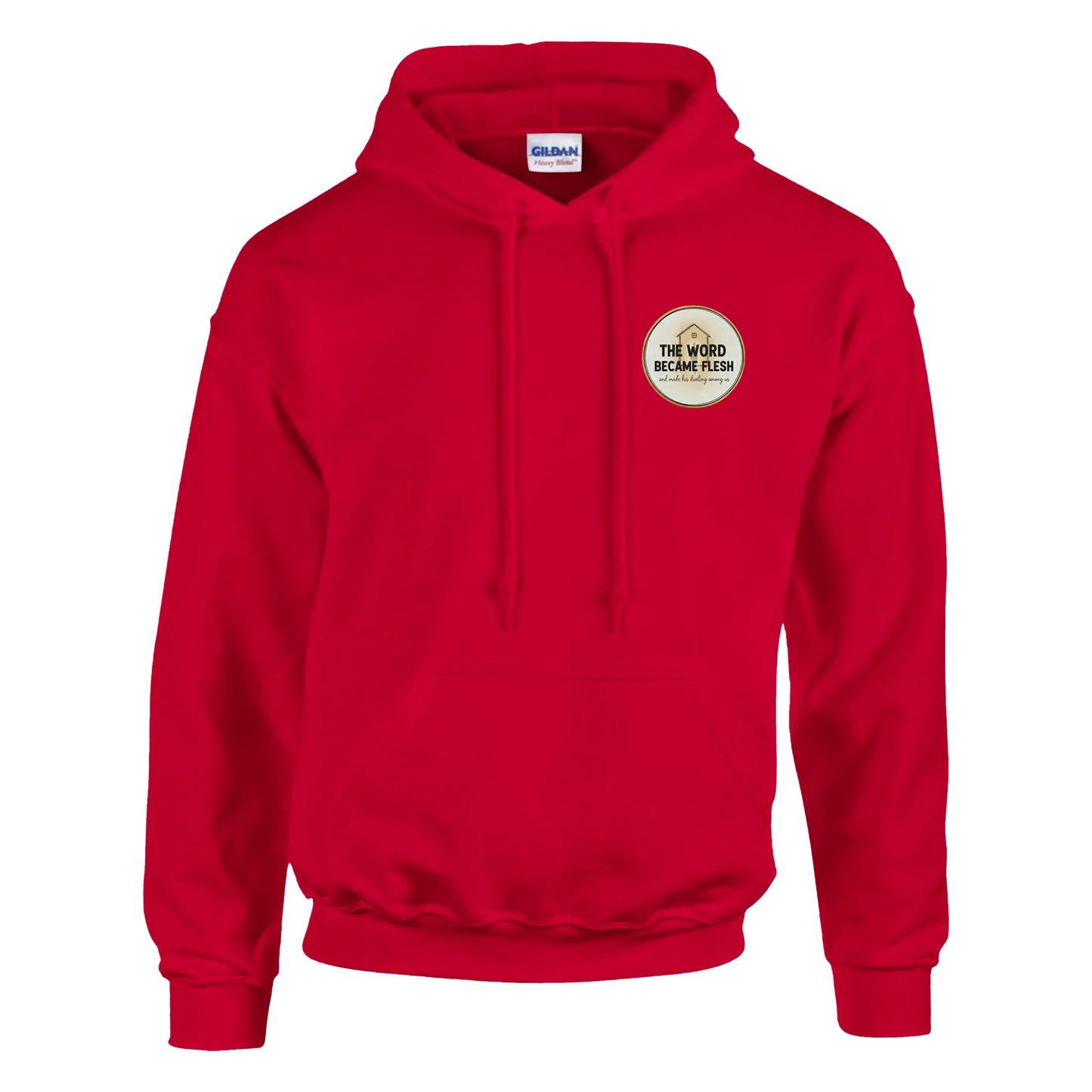 The Word Became Flesh Christian Streetwear Hoodie (Gildan 18500) in Red Colour. John 1:14 scripture apparel UK.