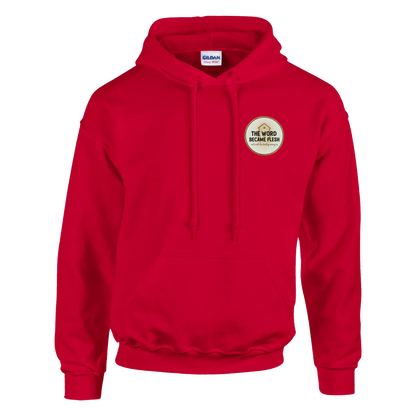 The Word Became Flesh Christian Streetwear Hoodie (Gildan 18500) in Red Colour. John 1:14 scripture apparel UK.