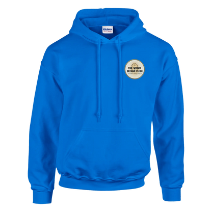 The Word Became Flesh Christian Streetwear Hoodie (Gildan 18500) in Carolina Blue Colour. John 1:14 scripture apparel UK.