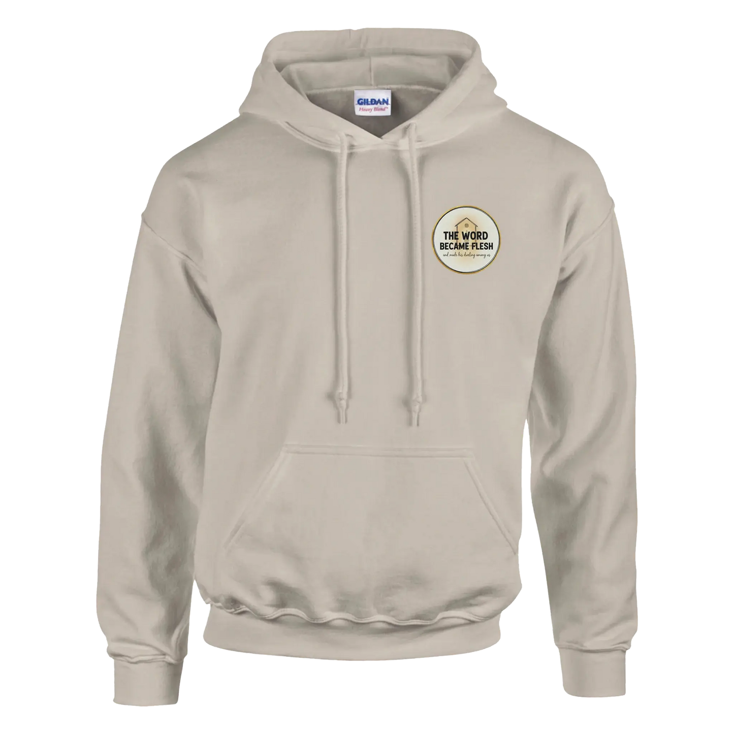 The Word Became Flesh Christian Streetwear Hoodie (Gildan 18500) in Sand Colour. John 1:14 scripture apparel UK.