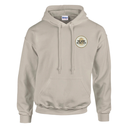 The Word Became Flesh Christian Streetwear Hoodie (Gildan 18500) in Sand Colour. John 1:14 scripture apparel UK.