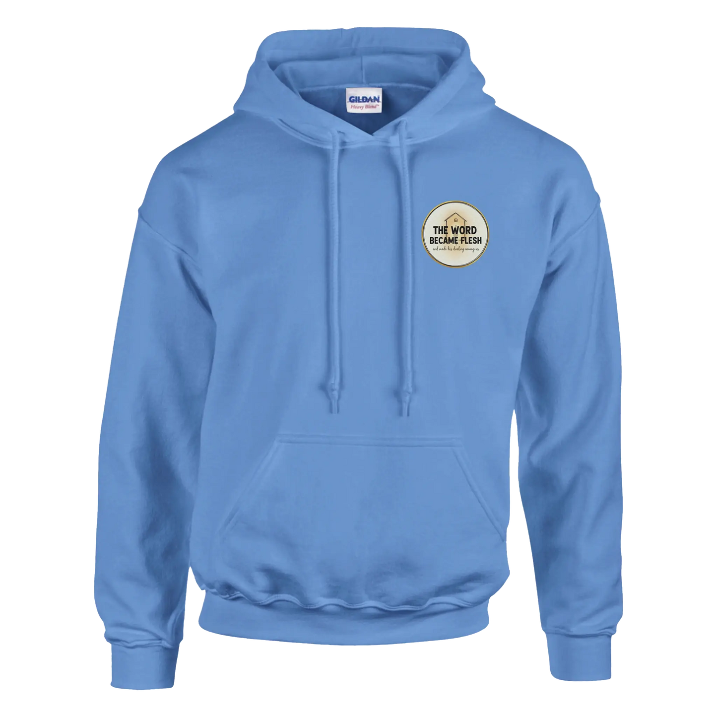 The Word Became Flesh Christian Streetwear Hoodie (Gildan 18500) in Carolina Blue Colour. John 1:14 scripture apparel UK.