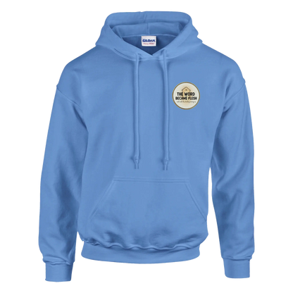 The Word Became Flesh Christian Streetwear Hoodie (Gildan 18500) in Carolina Blue Colour. John 1:14 scripture apparel UK.