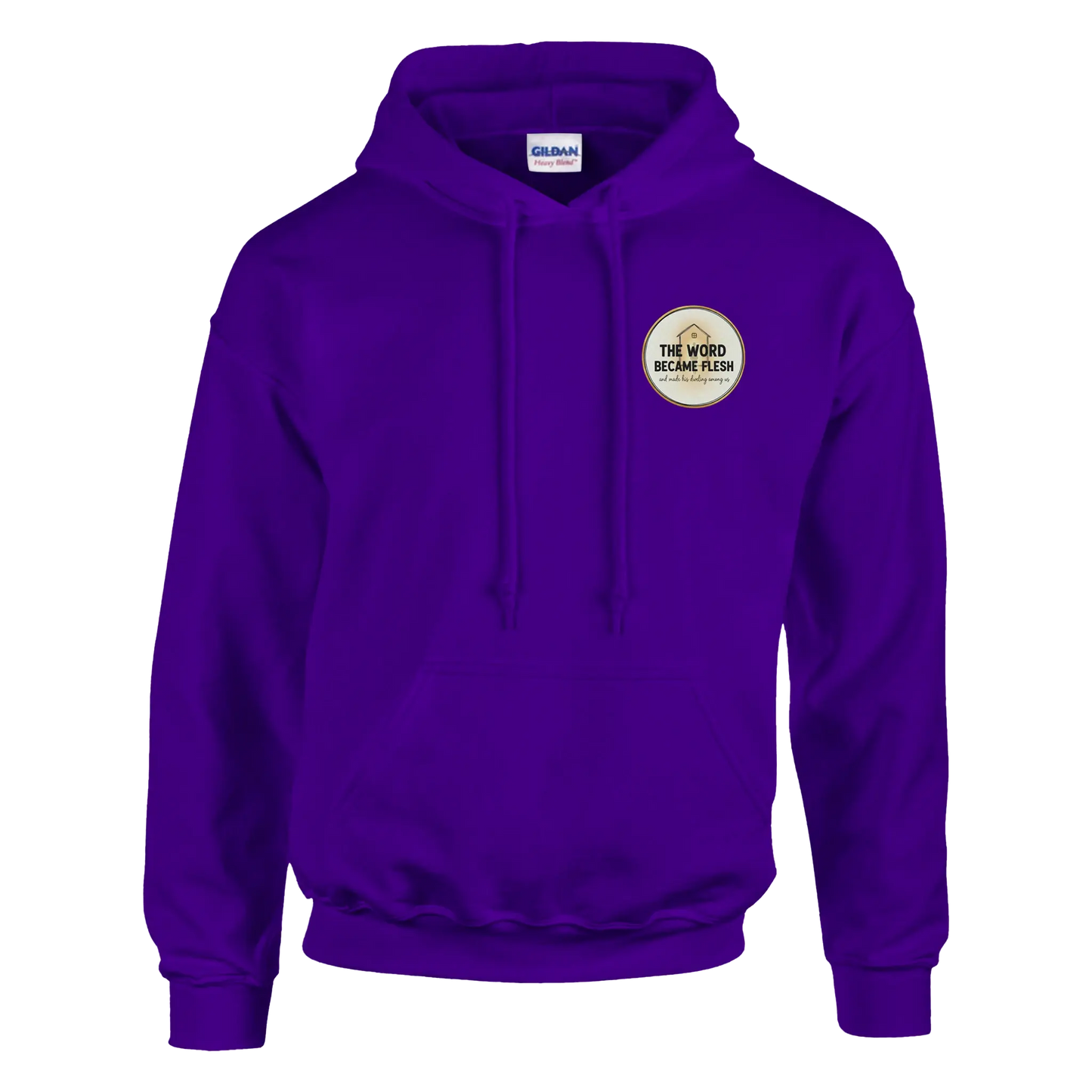 The Word Became Flesh Christian Streetwear Hoodie (Gildan 18500) in Purple Colour. John 1:14 scripture apparel UK.