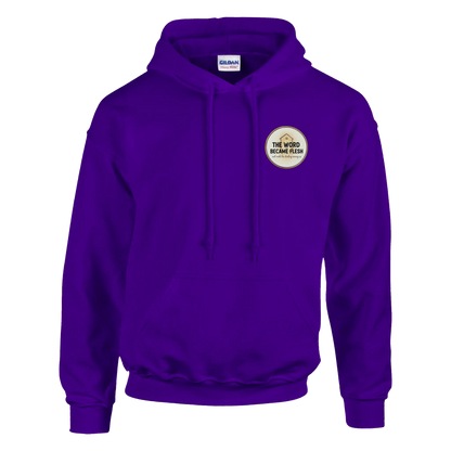The Word Became Flesh Christian Streetwear Hoodie (Gildan 18500) in Purple Colour. John 1:14 scripture apparel UK.
