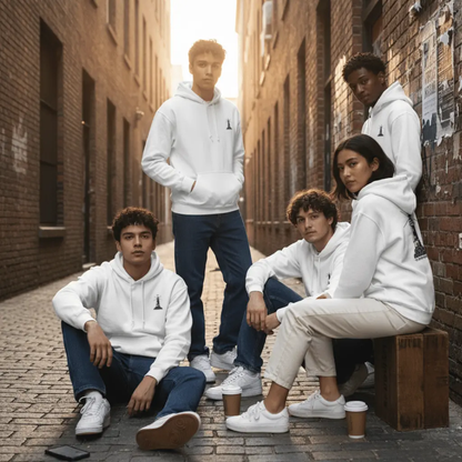 Iconic Street Vibe: White Hoodie with Signature Lighthouse Logo | Gildan® 18500 White JazzyCrafting