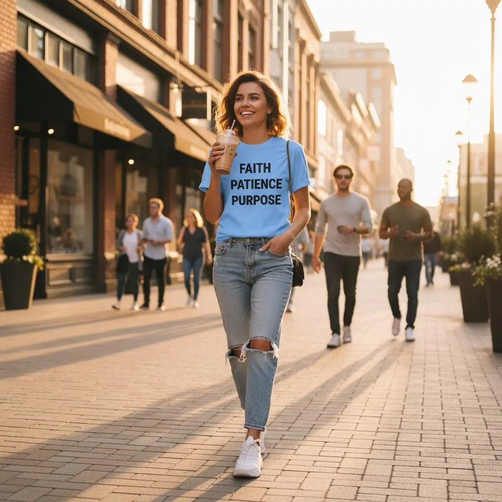 Woman wearing light blue t-shirt with FAITH PATIENCE PURPOSE text walking in sunlit city street