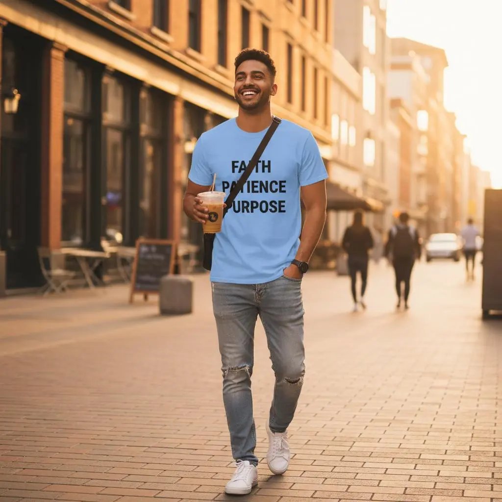Man wearing light blue t-shirt with FAITH PATIENCE PURPOSE text walking in sunlit city street