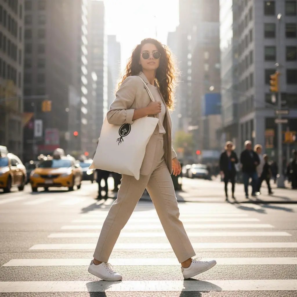Stylish woman in beige suit carrying plant logo canvas tote bag city street