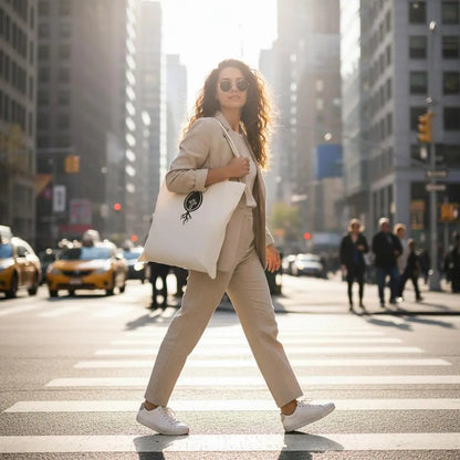 Stylish woman in beige suit carrying plant logo canvas tote bag city street
