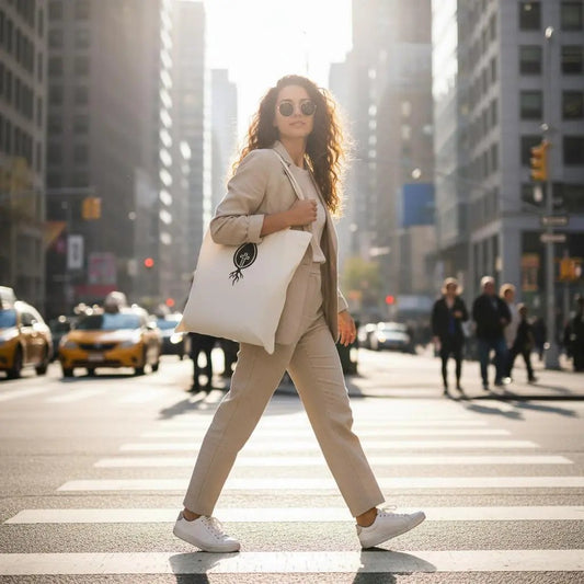 Stylish woman in beige suit carrying plant logo canvas tote bag city street