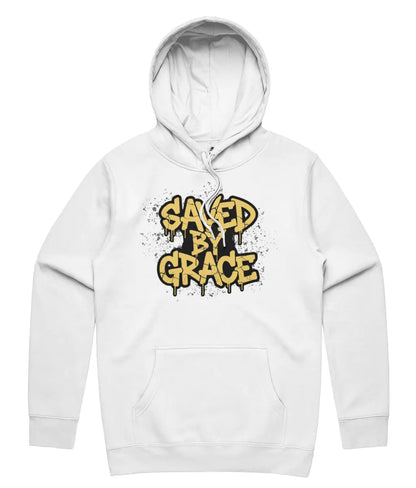 Saved By Grace Christian Streetwear Hoodie in White Colour on white background. Urban graphic apparel UK