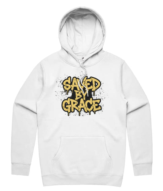 Saved By Grace Christian Streetwear Hoodie in White Colour on white background. Urban graphic apparel UK
