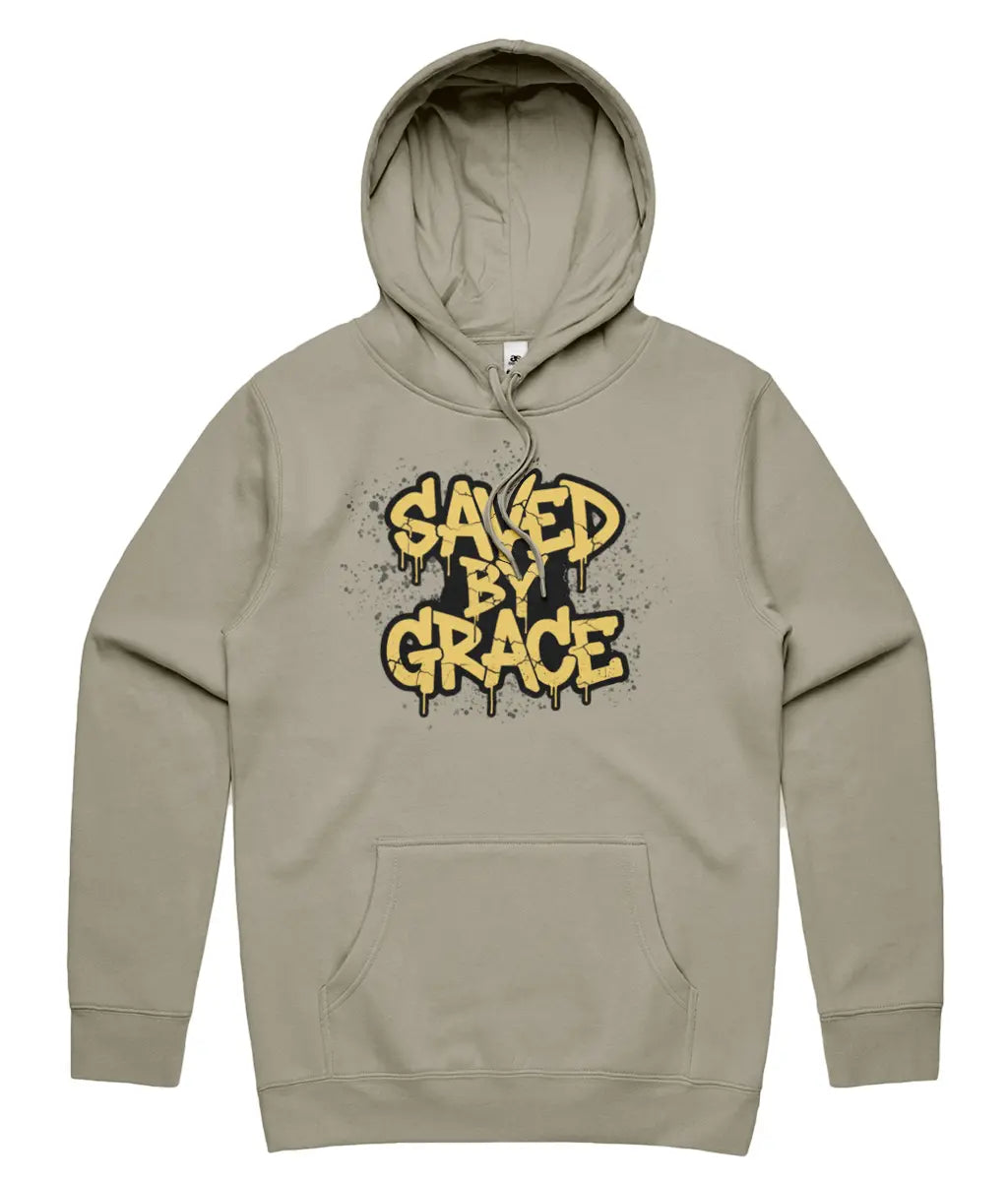 Saved By Grace Christian Streetwear Hoodie in Sand Colour on white background. Urban graphic apparel UK