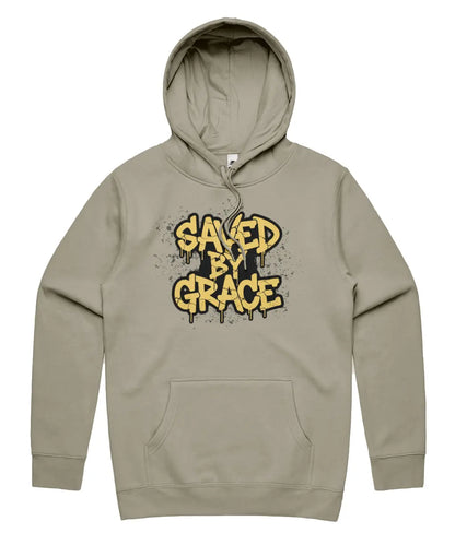 Saved By Grace Christian Streetwear Hoodie in Sand Colour on white background. Urban graphic apparel UK