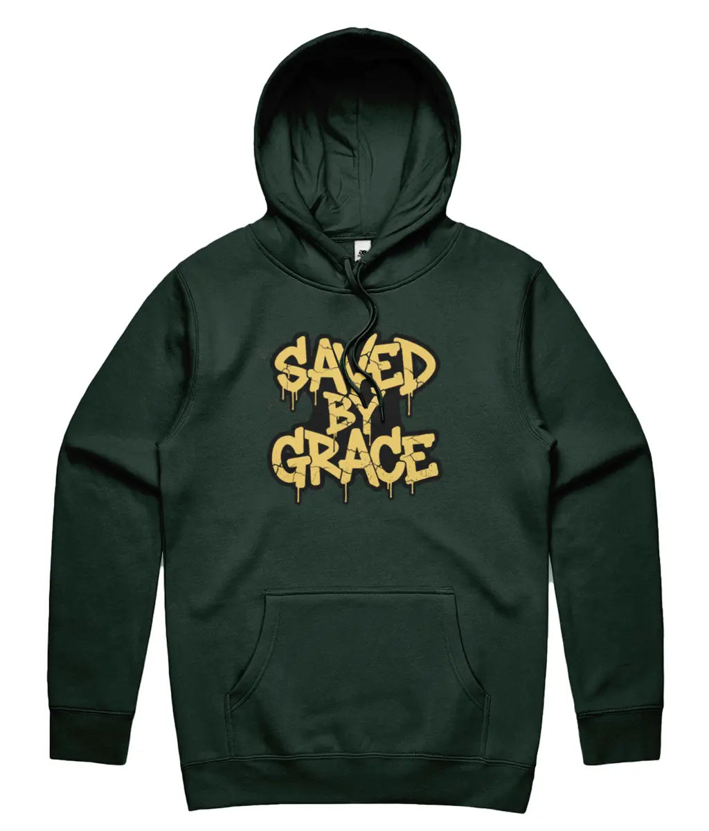 Saved By Grace Christian Streetwear Hoodie in Pine Green Colour on white background. Urban graphic apparel UK