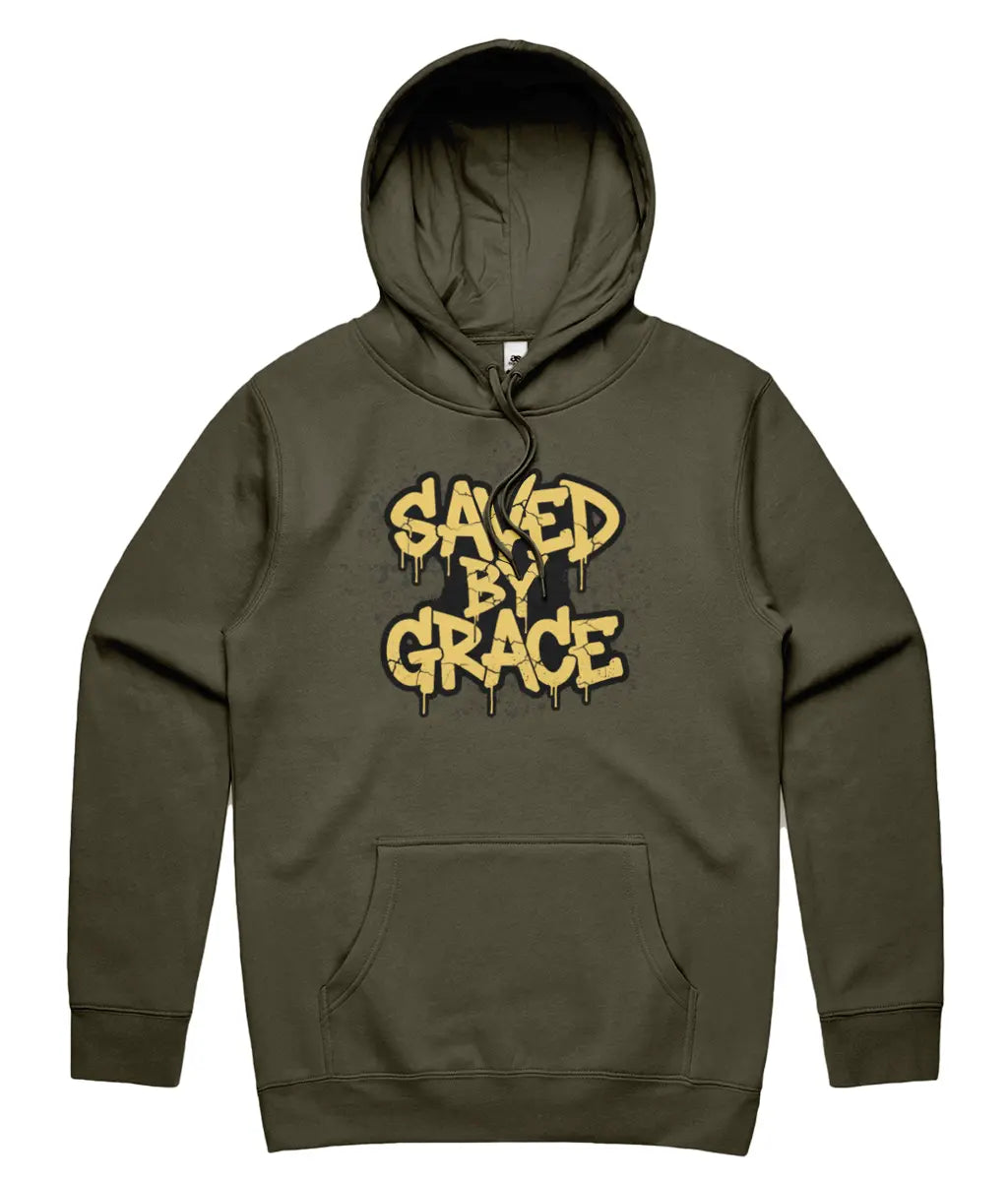 Saved By Grace Christian Streetwear Hoodie in Army Colour on white background. Urban graphic apparel UK