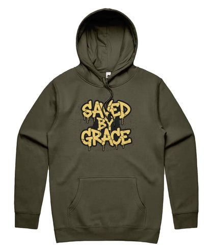 Saved By Grace Christian Streetwear Hoodie in Army Colour on white background. Urban graphic apparel UK
