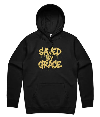 Saved By Grace Christian Streetwear Hoodie in Black Colour on white background. Urban graphic apparel UK